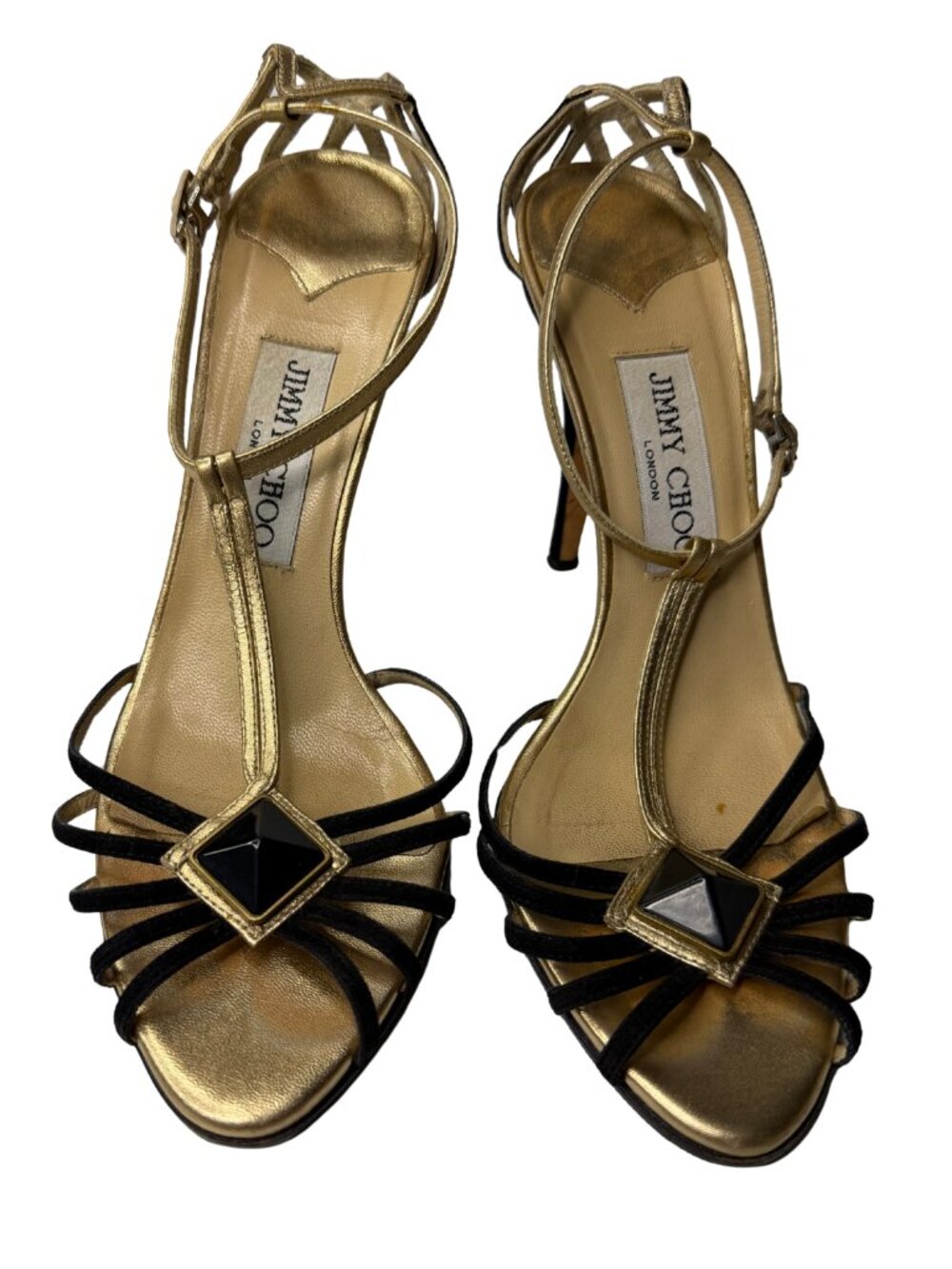 Jimmy Choo Fitch Gold Leather Black Suede T-Strap Heeled Sandals 37.5 Vibram